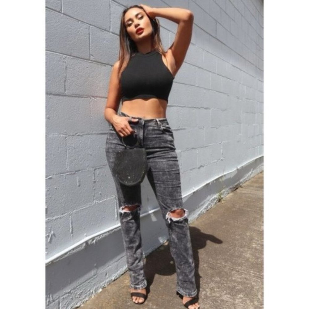 Gray Acid Wash High Waist Ripped Distressed Straight Leg Jeans Denim Pants - Picture 13 of 15